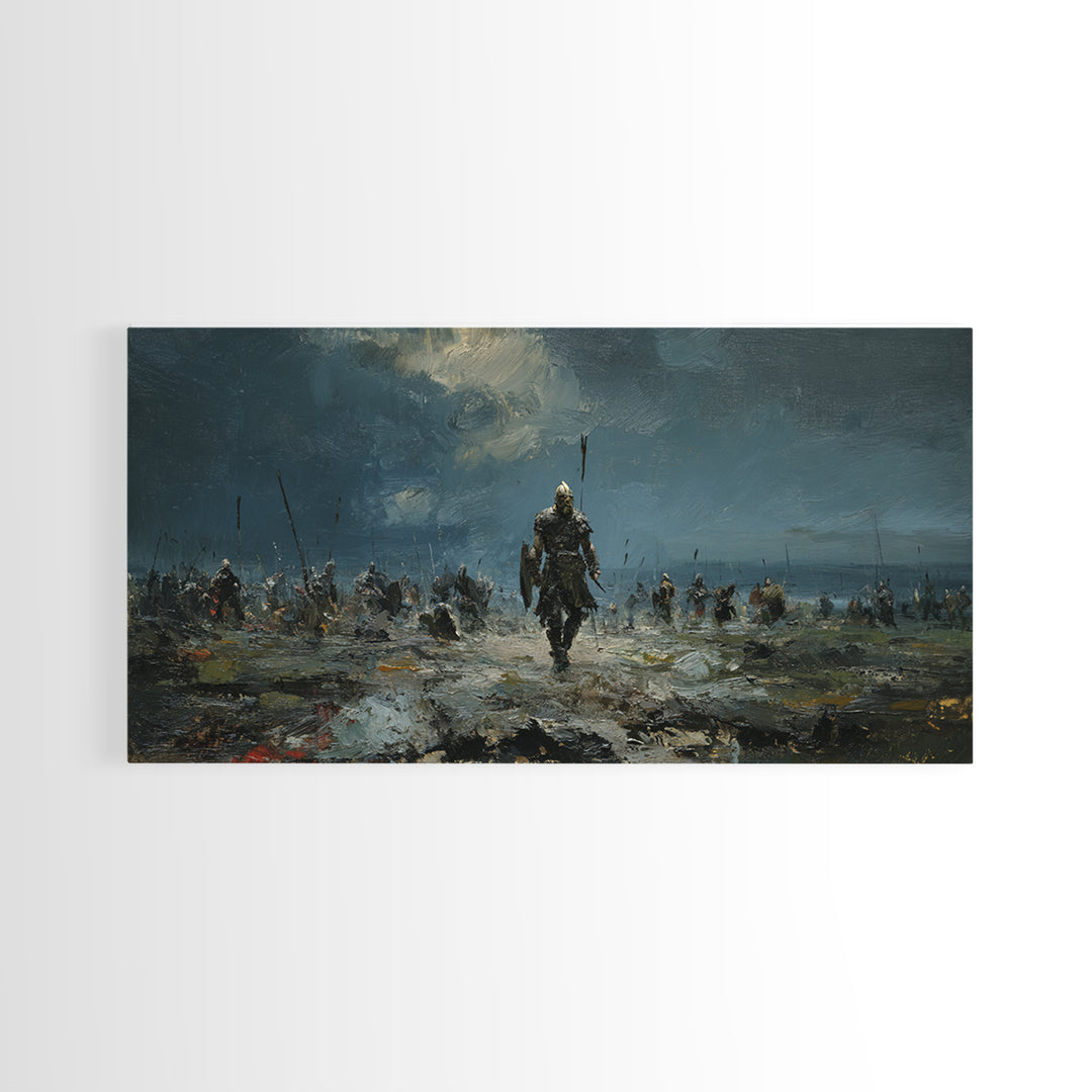 Warrior Leading Army Through Rain Canvas Print Dark Battlefield Wall Art, Epic Historical Decor For Masculine Home Office