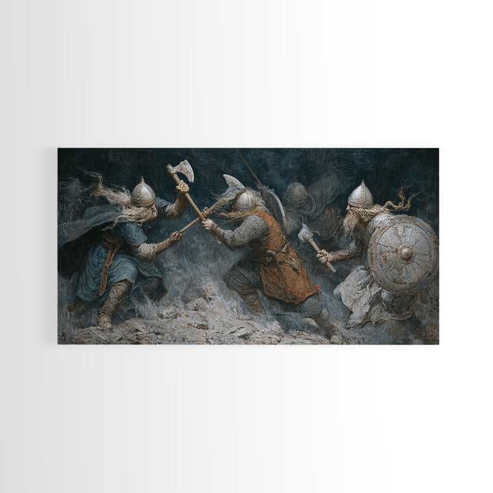 Medieval Warriors In Snowy Clash Framed Canvas Print, Viking Battle Wall Art, Dark Fantasy Man Cave Home Decor, Gift For Him