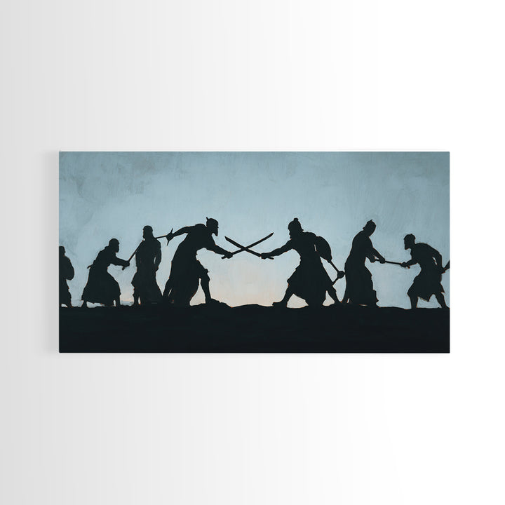 Silhouetted Sword Fighters Wall Art, Minimalist Warrior Battle Print, Black And White Decor, Fantasy Office Art Gift For Him