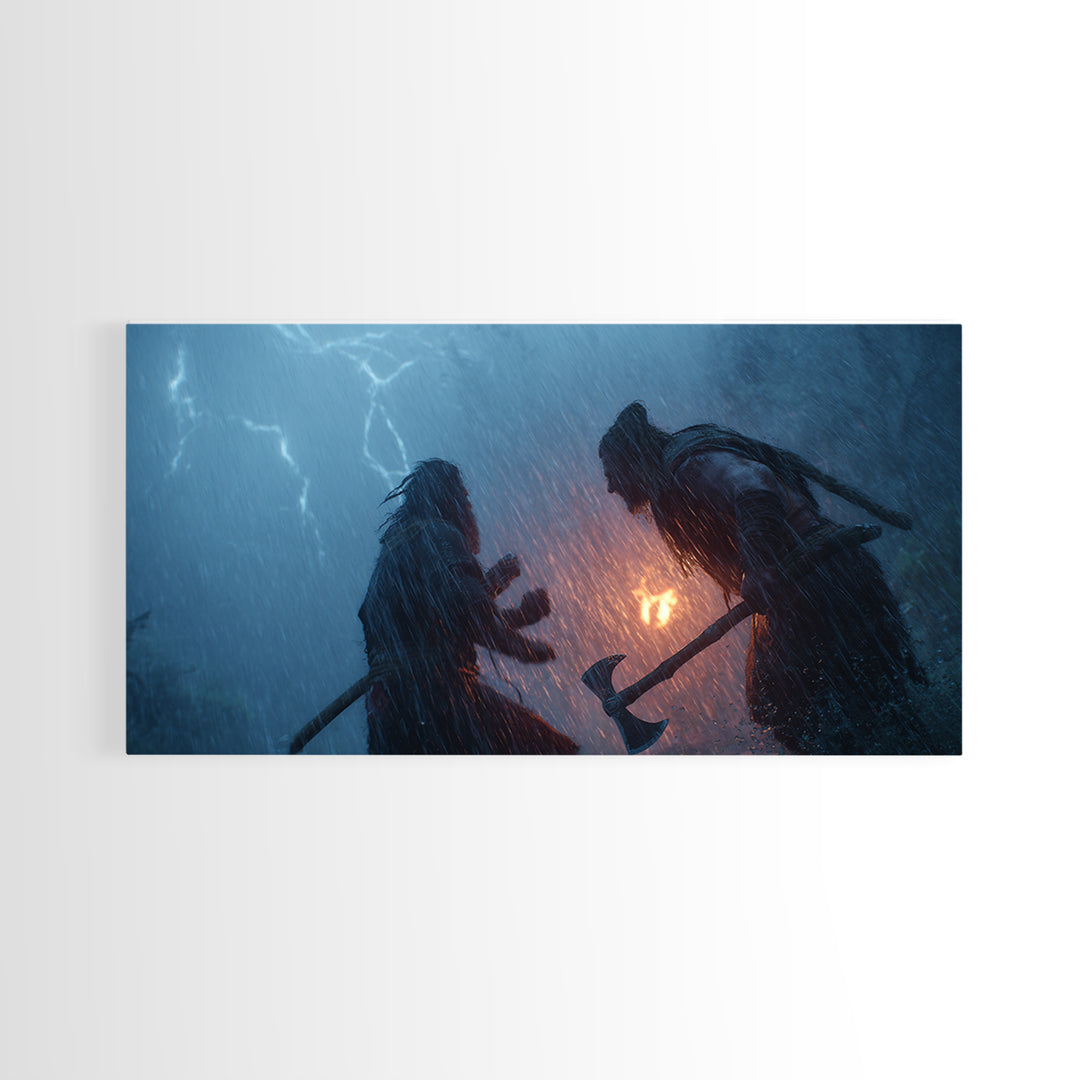 Two Viking Warriors In Lightning Storm Canvas Print, Dark Fantasy Wall Art, Norse Mythology Decor, Dramatic Battle Poster