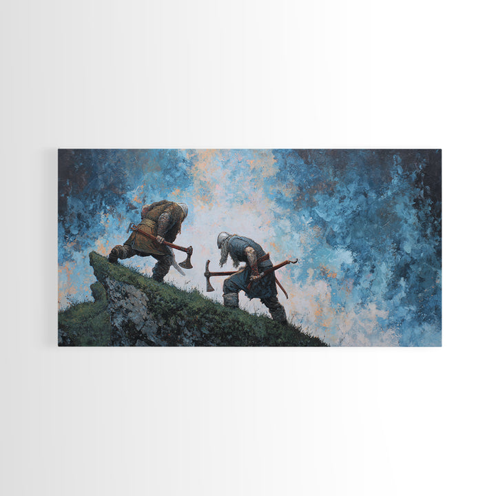 Two Axe Warriors Climbing Stormy Ridge Framed Canvas Print, Viking Battle Wall Art, Dark Fantasy Office Decor Gift, Medieval Art Print