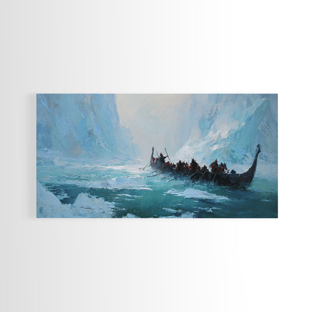 Icy Viking Longship On Turquoise Fjord Canvas Print, Nordic Seascape Wall Decor, Coastal Adventure Art, Gift For Him, Home Decor