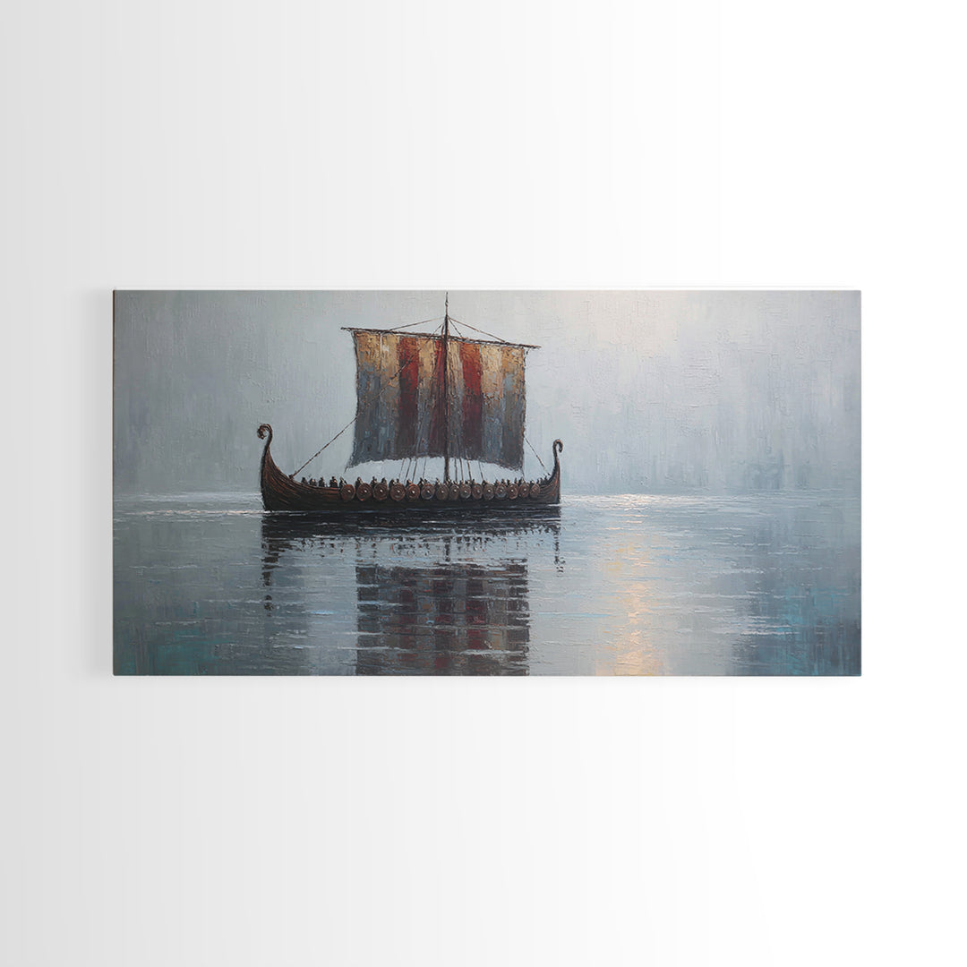 Viking Longship In Misty Water Canvas Print, Nautical Wall Art, Norse Seascape Painting, Coastal Decor For Living Room Art