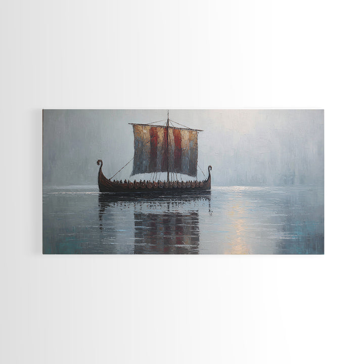 Viking Longship In Misty Water Canvas Print, Nautical Wall Art, Norse Seascape Painting, Coastal Decor For Living Room Art