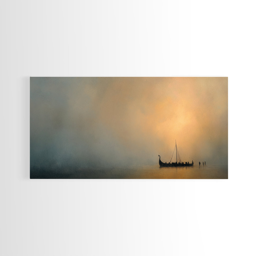 Misty Viking Ship At Golden Fog Canvas Print, Nordic Seascape Wall Decor, Minimalist Coastal Art, Calming Home Decor, Above Sofa Art