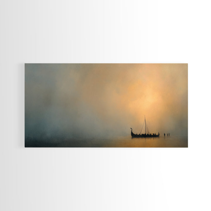 Misty Viking Ship At Golden Fog Canvas Print, Nordic Seascape Wall Decor, Minimalist Coastal Art, Calming Home Decor, Above Sofa Art
