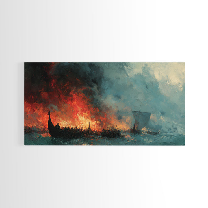 Burning Viking Ships At Stormy Sea Wall Art, Dramatic Norse Seascape Canvas Decor, Historical Ocean Art For Man Cave Decor