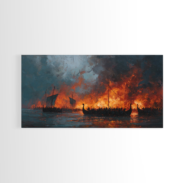 Burning Viking Longships At Sea Wall Art, Dramatic Fantasy Art, Moody Seascape, Historical Battle, Living Room Decor, Office Decor