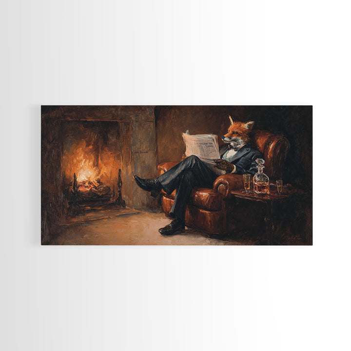 Fox Gentleman Reading By Fireside Canvas Print, Cozy Library Wall Art, Whimsical Animal Decor, Dark Academia Gift For Him