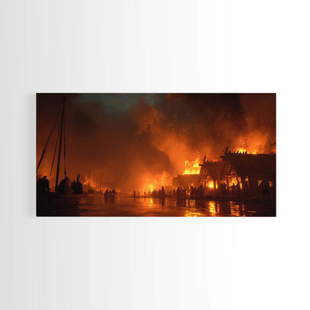 Burning Viking Village At Night Canvas Print, Fiery Harbor Wall Art, Norse Fantasy Decor, Dramatic Medieval Landscape Poster