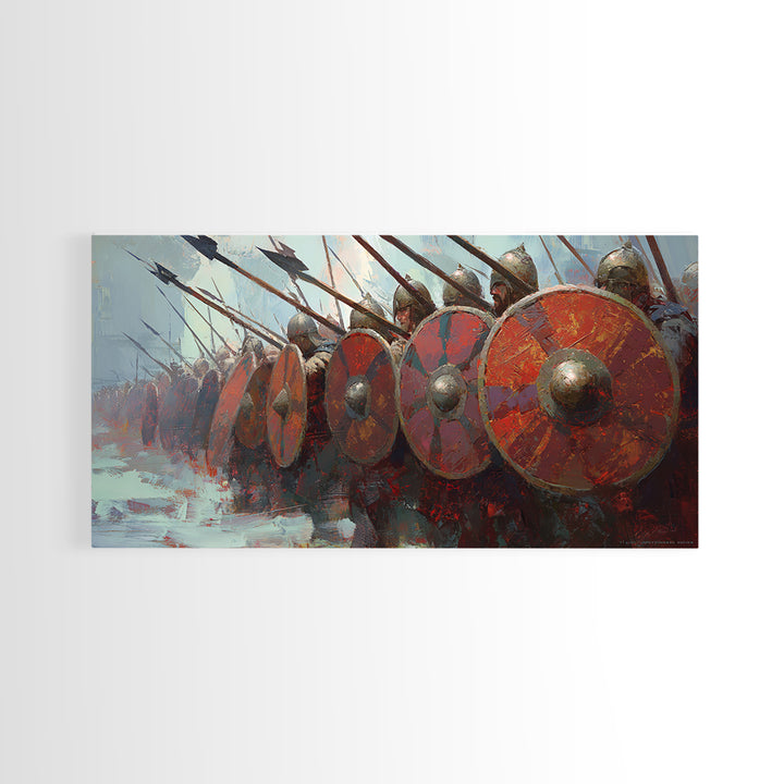 Spartan Phalanx With Red Shields Framed Canvas Print Ancient Warrior Wall Art, Historical Battle Office Decor For Man Cave