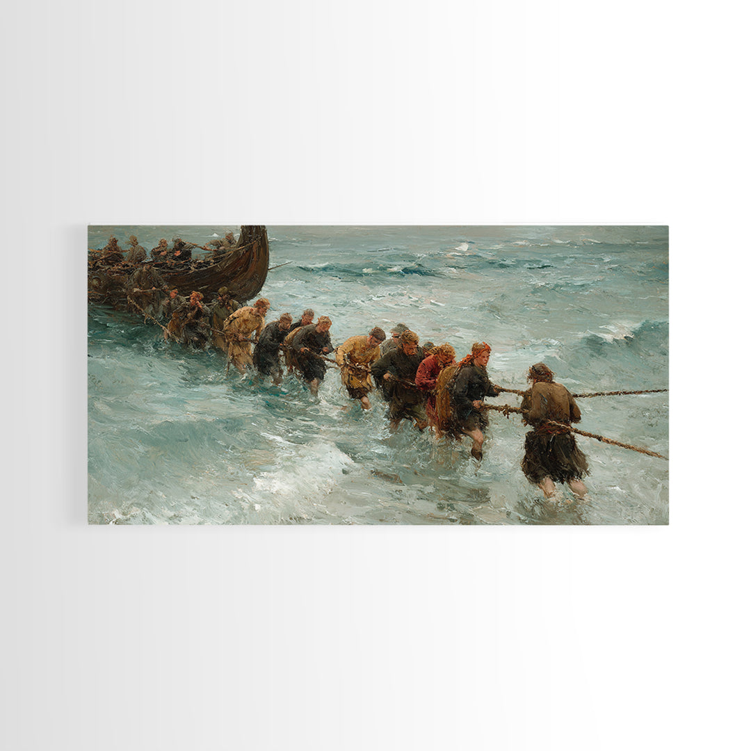 Viking Ship Landing In Icy Surf Framed Canvas Print, Norse Seascape Wall Art, Coastal Adventure Home Decor, Unique Gift For Him
