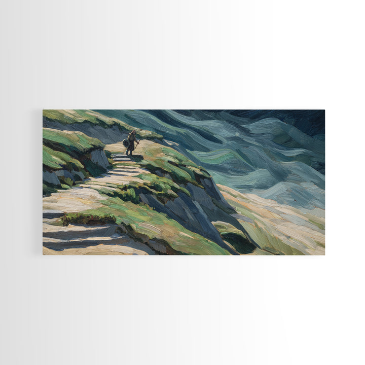 Rider On Mountain Path In Textured Hills Wall Art, Impressionist Landscape Canvas Print, Rustic Nature Decor, Home Decor
