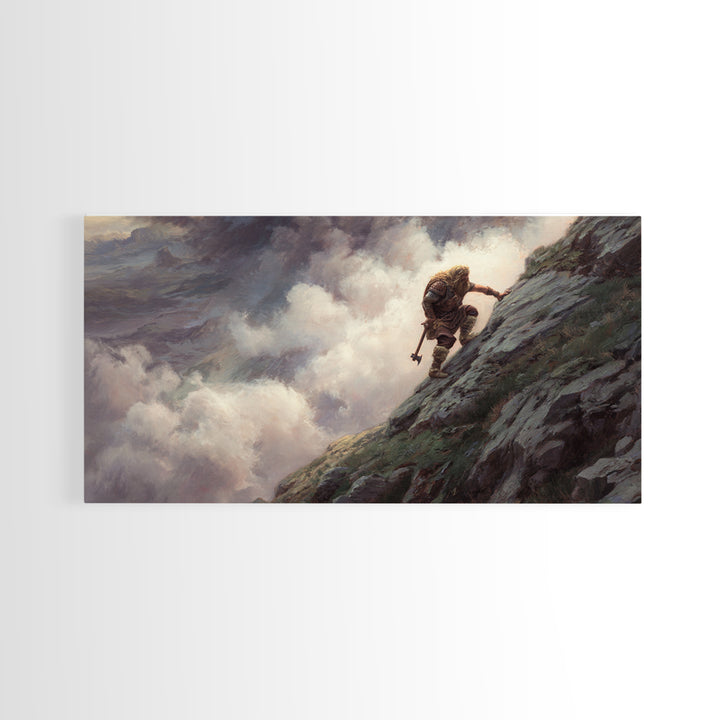 Lone Warrior Climbing Stormy Mountain Framed Canvas Print, Fantasy Adventure Wall Art, Moody Landscape Decor, Gift For Him