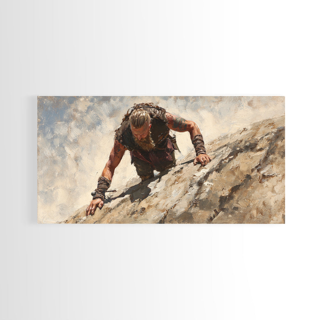 Rugged Viking Climbing Snowy Mountain Cliff Wall Art, Textured Adventure Canvas Print For Masculine Office Decor And Cabin Decor