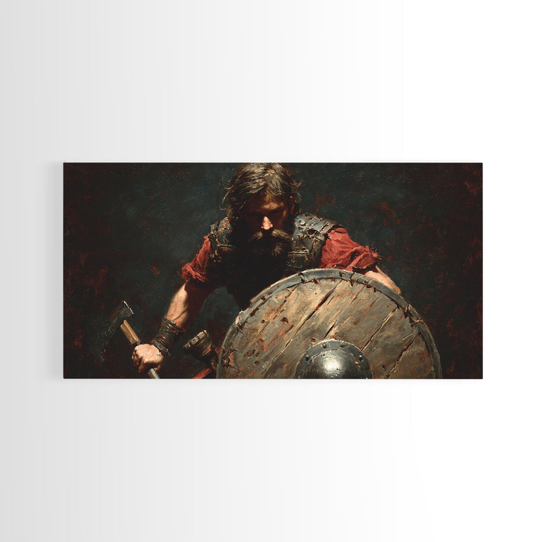 Bearded Viking Warrior With Shield Canvas Print, Norse Battle Artwork, Dark Fantasy Art, Rustic Man Cave Wall Decor, Gift For Him