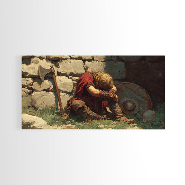 Wounded Viking Resting By Stone Wall Canvas Print, Norse Warrior Artwork, Rustic Historical Decor, Dark Academia Art, Gift For Him