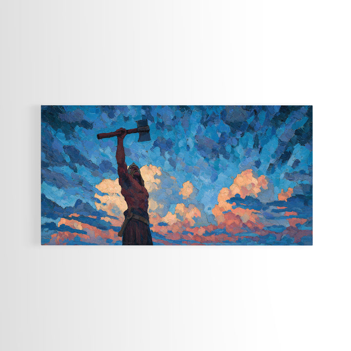 Dynamic Expressionist Oil Painting Of Man With Raised Axe Under Blue Sky Modern Wall Art Canvas Print