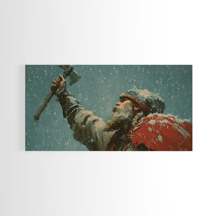 Bearded Viking Raising Axe In Snow Canvas Print, Norse Warrior Wall Art, Winter Fantasy Decor For Man Cave Or Office Gift
