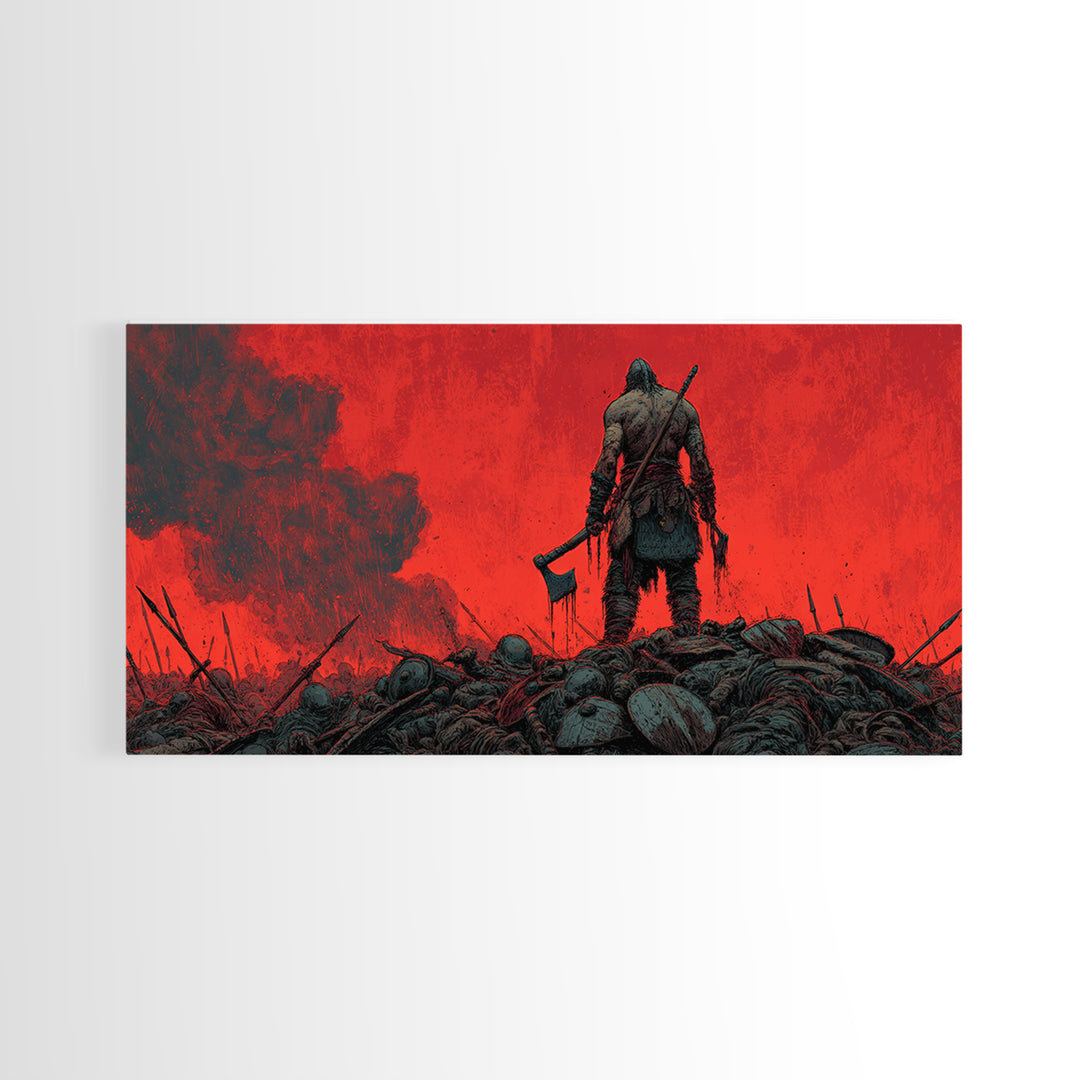 Lone Viking Warrior On Red Battlefield Wall Art, Dark Fantasy Canvas, Nordic War Decor, Masculine Office Art, Gift For Him