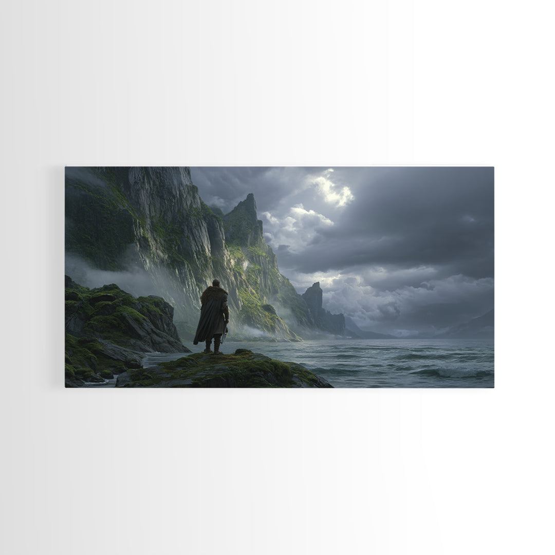 Lonely Wanderer On Stormy Sea Cliffs Canvas Print, Dark Fantasy Landscape Wall Art, Viking Coastal Decor, Moody Seascape