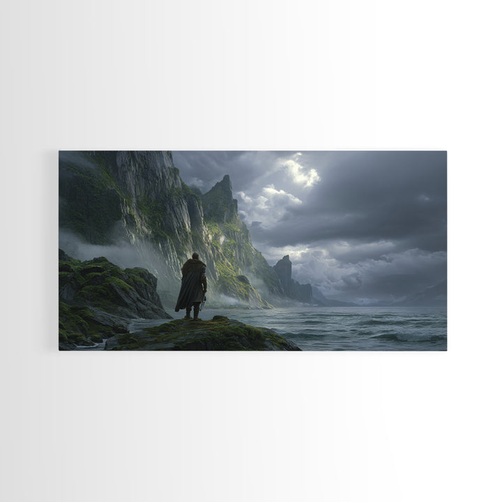 Lonely Wanderer On Stormy Sea Cliffs Canvas Print, Dark Fantasy Landscape Wall Art, Viking Coastal Decor, Moody Seascape