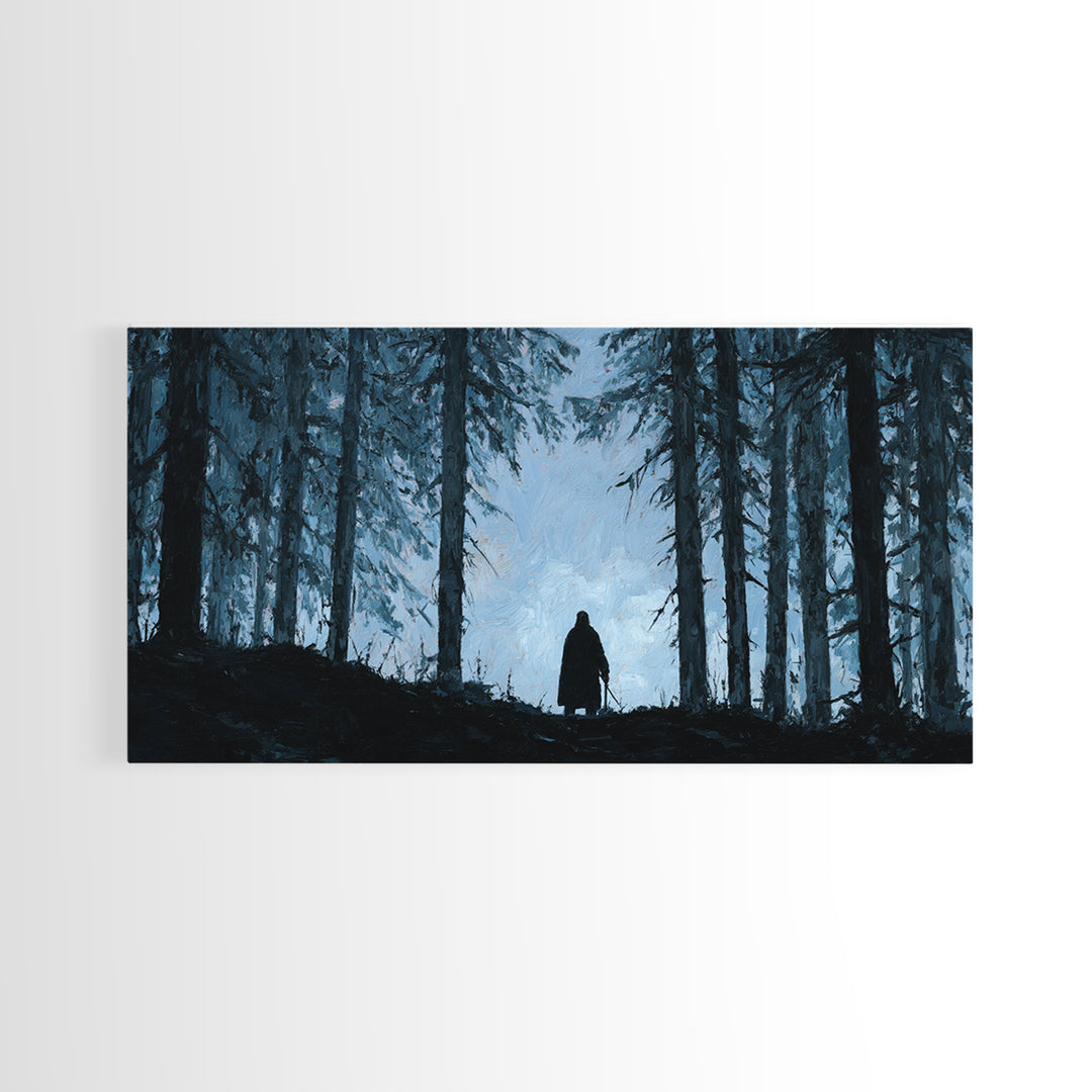 Lone Wanderer In Dark Pine Forest Wall Art, Moody Landscape Print, Gothic Nature Decor, Fantasy Cabin Wall Decor Gift For Him
