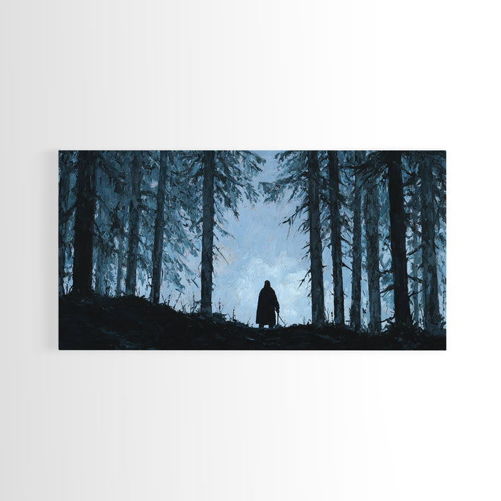 Lone Wanderer In Dark Pine Forest Wall Art, Moody Landscape Print, Gothic Nature Decor, Fantasy Cabin Wall Decor Gift For Him