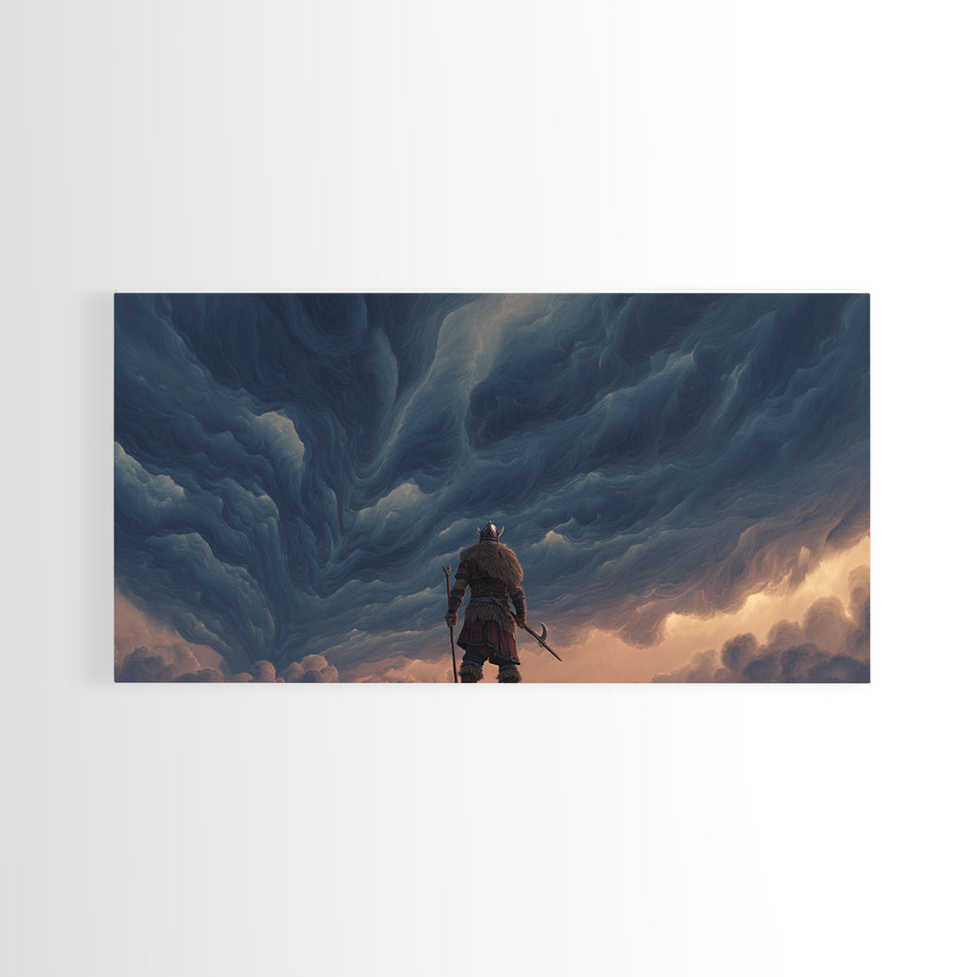 Viking Warrior Beneath Storm Clouds Canvas Print, Nordic Fantasy Wall Art, Moody Landscape Decor, Gift For Him, Living Room Decor