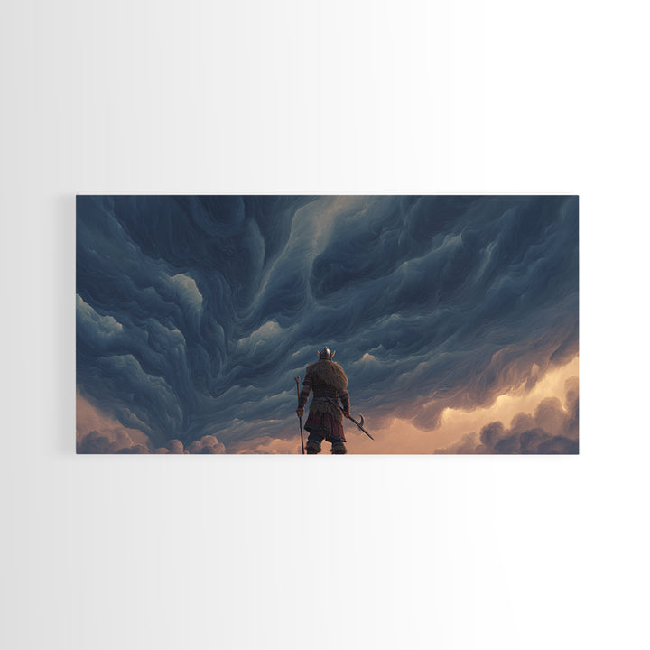 Viking Warrior Beneath Storm Clouds Canvas Print, Nordic Fantasy Wall Art, Moody Landscape Decor, Gift For Him, Living Room Decor