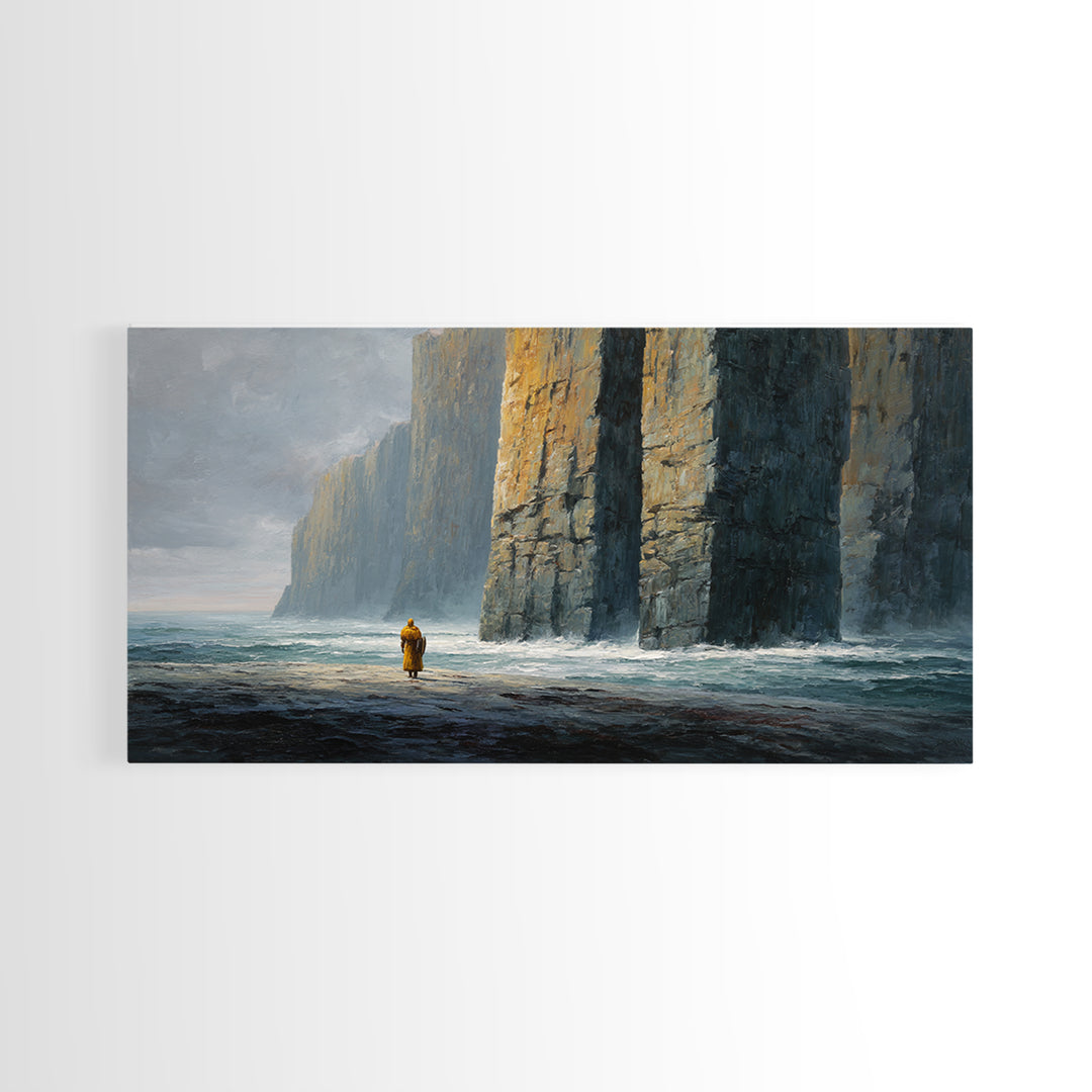 Lone Wanderer By Towering Sea Cliffs Wall Art, Moody Seascape Painting, Coastal Landscape Print, Dramatic Ocean Decor For Living Room