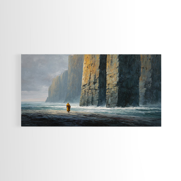 Lone Wanderer By Towering Sea Cliffs Wall Art, Moody Seascape Painting, Coastal Landscape Print, Dramatic Ocean Decor For Living Room