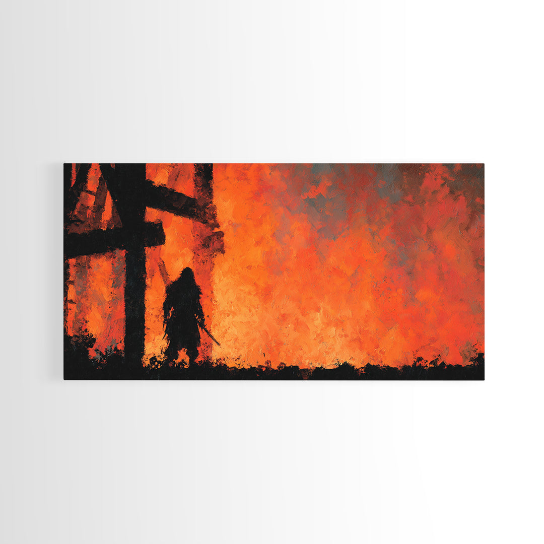 Dark Warrior Before Burning Tower Wall Art, Fiery Fantasy Landscape Print, Red Orange Gothic Decor, Dramatic Wall Decor Gift