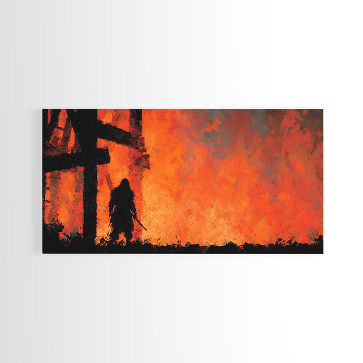 Dark Warrior Before Burning Tower Wall Art, Fiery Fantasy Landscape Print, Red Orange Gothic Decor, Dramatic Wall Decor Gift