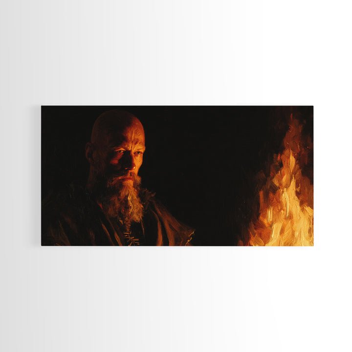 Bearded Man By Fire In Moody Light Canvas Print, Dark Portrait Wall Art, Rustic Viking Decor, Masculine Office Art, Gift For Him