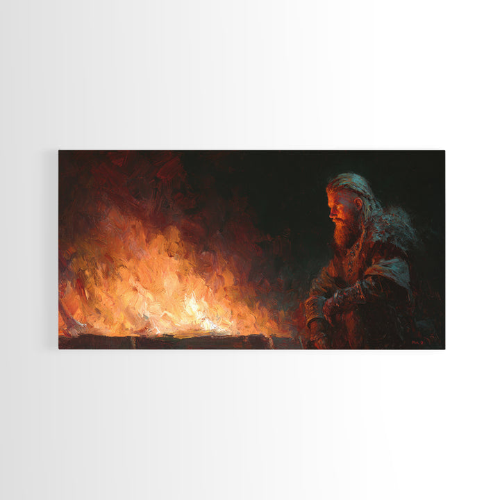 Bearded Viking Beside Blazing Fire Wall Art, Dark Nordic Canvas Print For Rustic Home Decor And Masculine Office Decor Gift