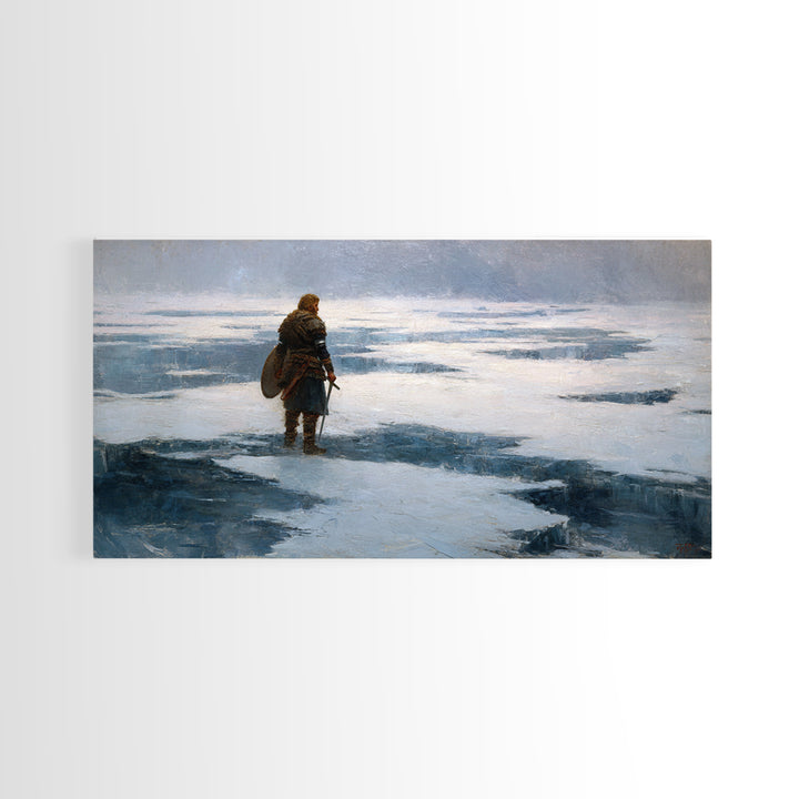 Lone Viking On Frozen Tundra Canvas Print, Nordic Winter Landscape Wall Decor, Medieval Warrior Art For Rustic Home Decor