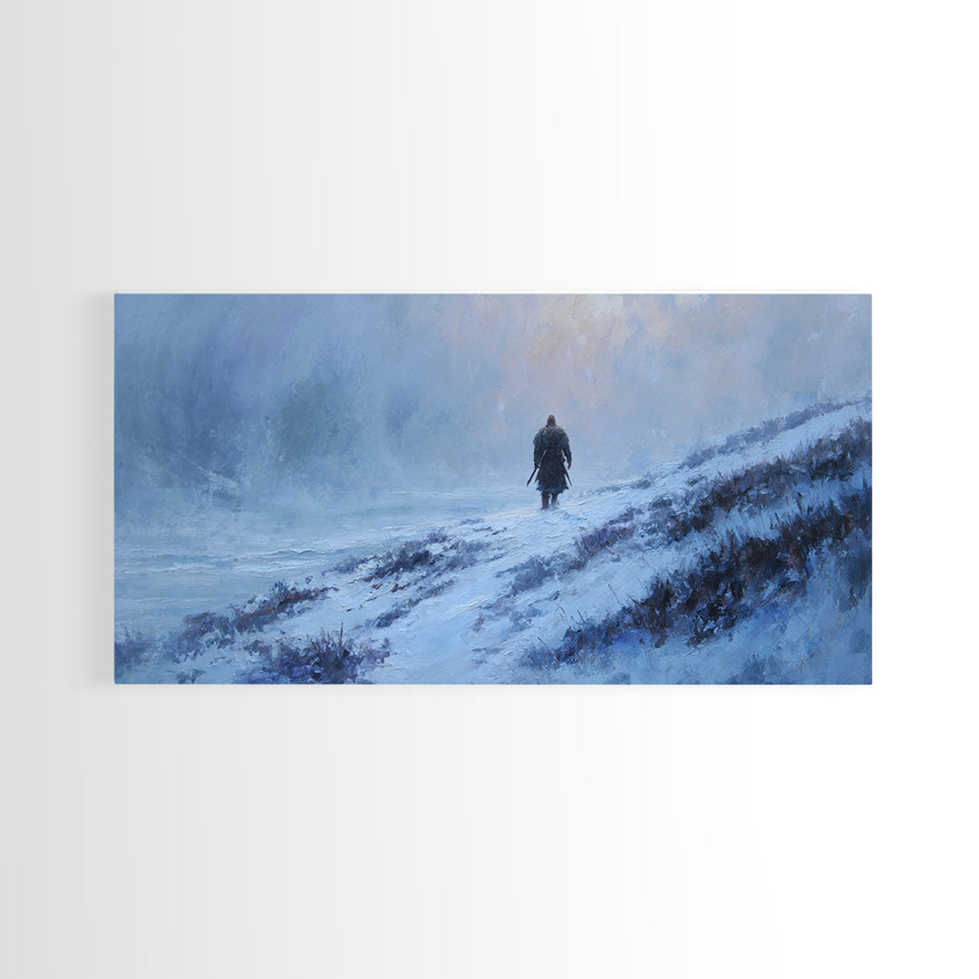 Lone Warrior In Snowy Blue Highlands Wall Art Winter Landscape Canvas, Viking Inspired Decor, Moody Large Print For Living Room Decor