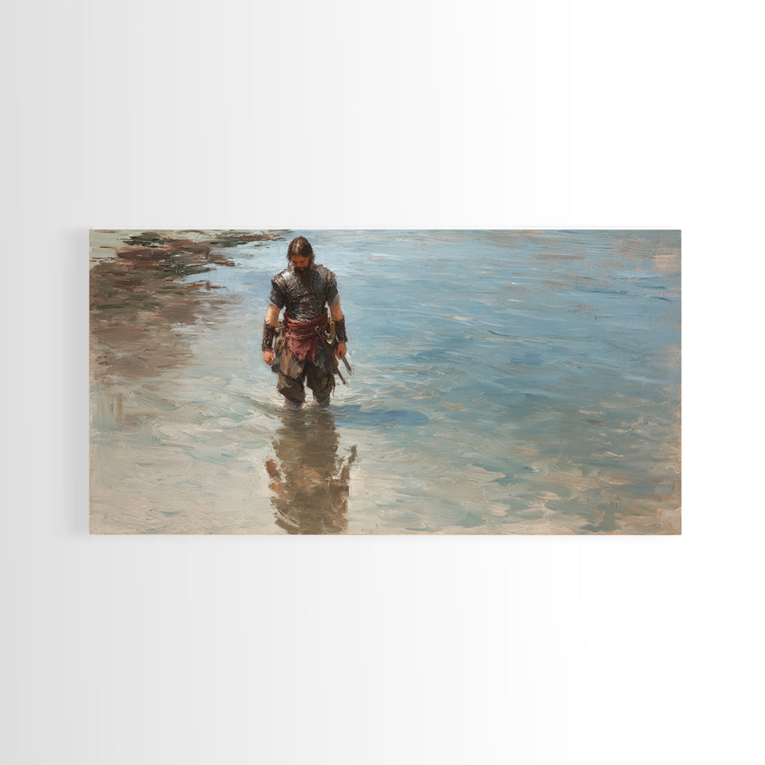 Solitary Warrior Walking Through Blue Water Canvas Print, Coastal Battle Wall Art, Heroic Landscape Decor, Modern Gift For Him