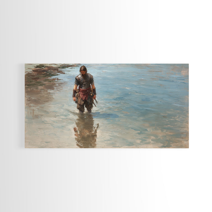 Solitary Warrior Walking Through Blue Water Canvas Print, Coastal Battle Wall Art, Heroic Landscape Decor, Modern Gift For Him