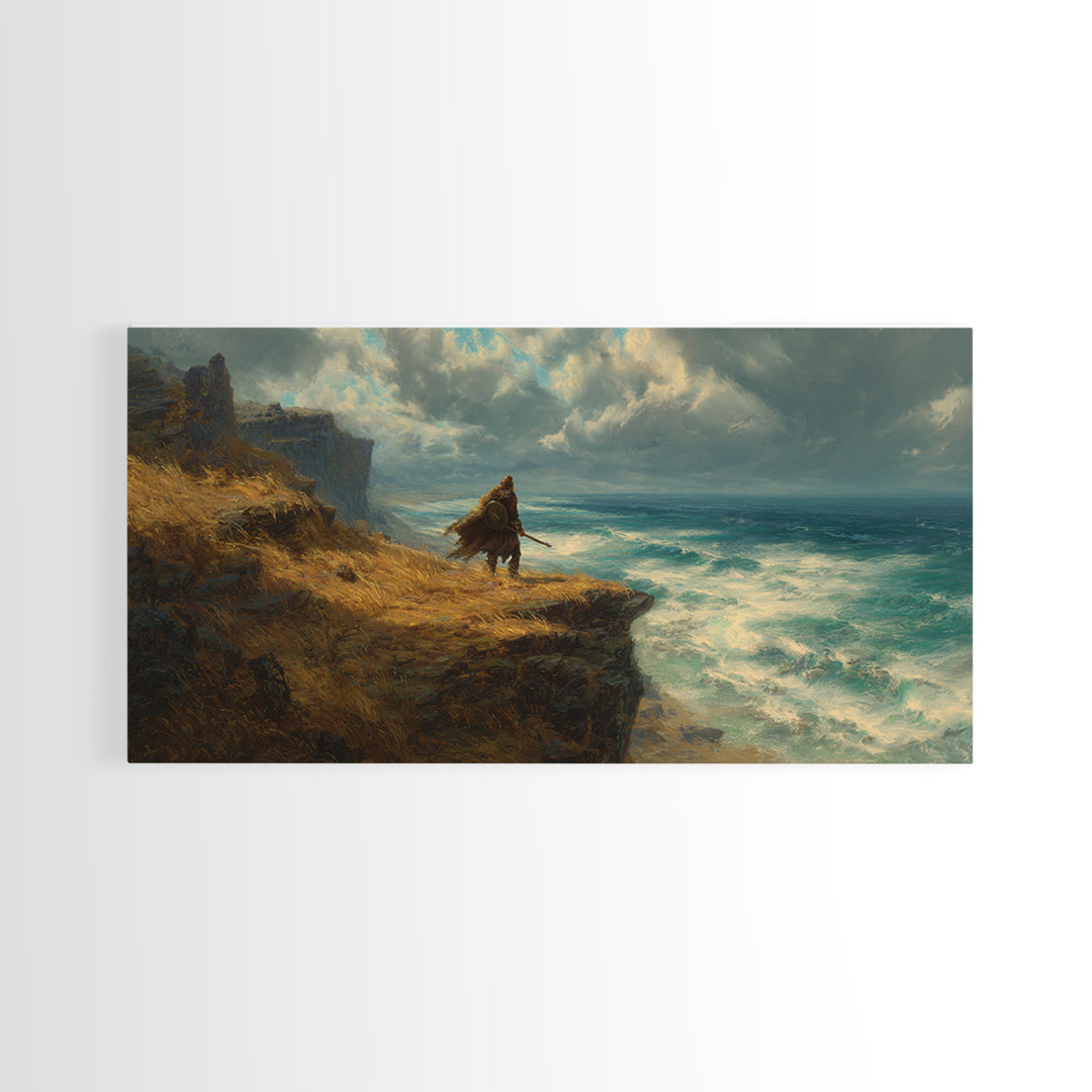 Cloaked Warrior On Ocean Cliff Wall Art, Moody Seascape Canvas Print, Fantasy Coastal Decor For Office Or Living Room Art