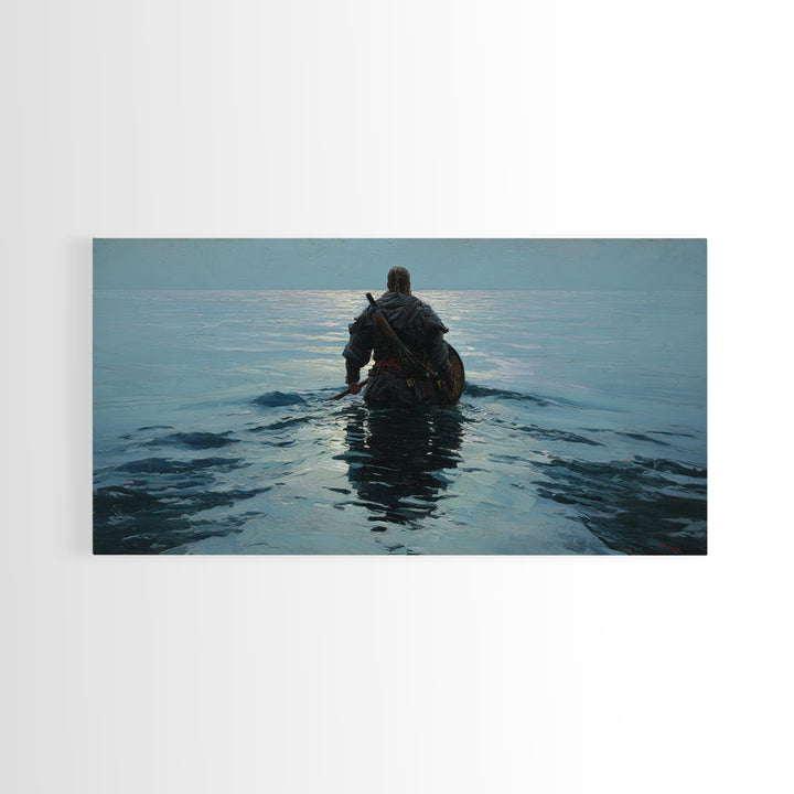 Lone Warrior Wading Into Calm Blue Sea Framed Canvas Print, Nautical Fantasy Wall Art, Moody Coastal Living Room Decor Gift