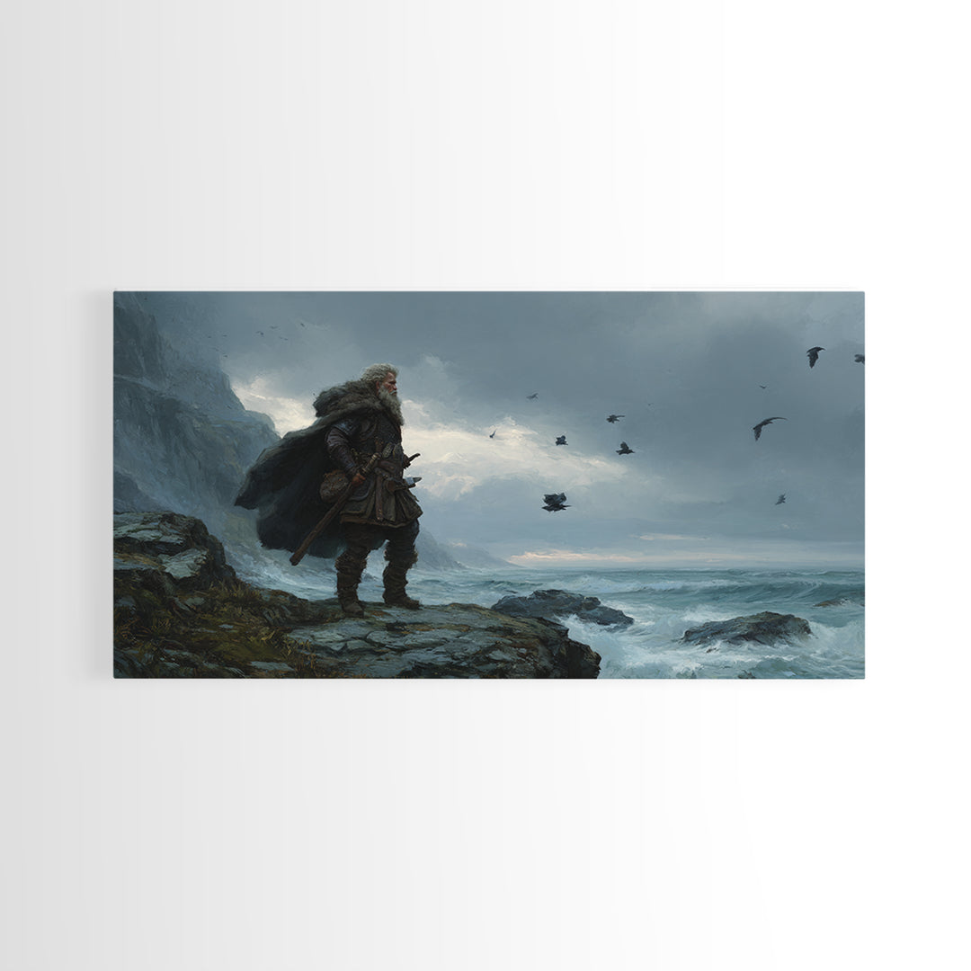Weathered Viking On Stormy Sea Cliff Wall Art, Nordic Warrior Canvas Print For Masculine Office Decor And Coastal Home Decor