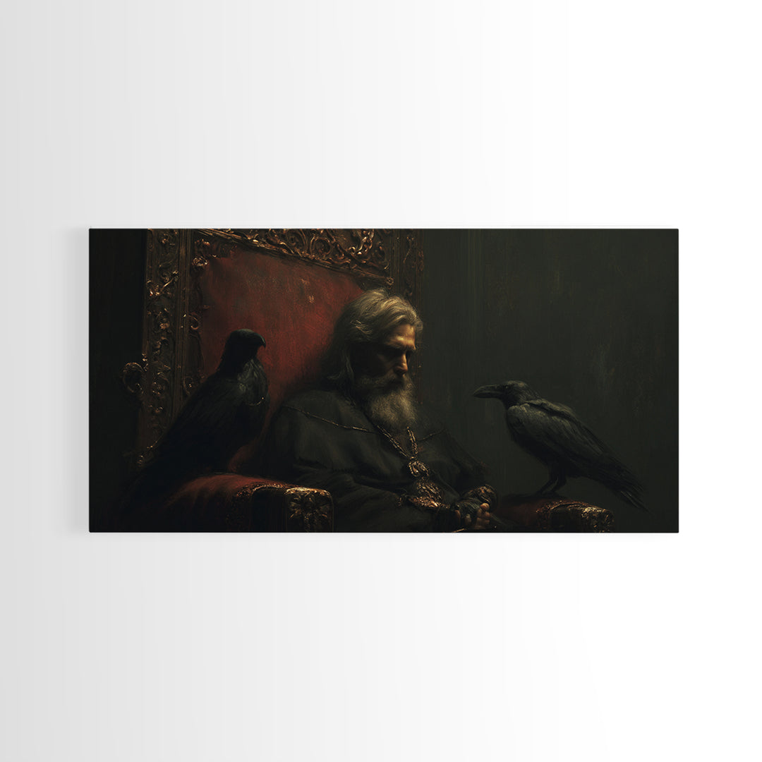 Moody Raven King Throne Portrait Wall Art, Dark Academia Gothic Canvas Decor, Medieval Fantasy Painting For Living Room Decor