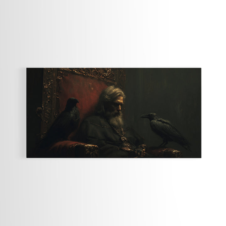 Moody Raven King Throne Portrait Wall Art, Dark Academia Gothic Canvas Decor, Medieval Fantasy Painting For Living Room Decor