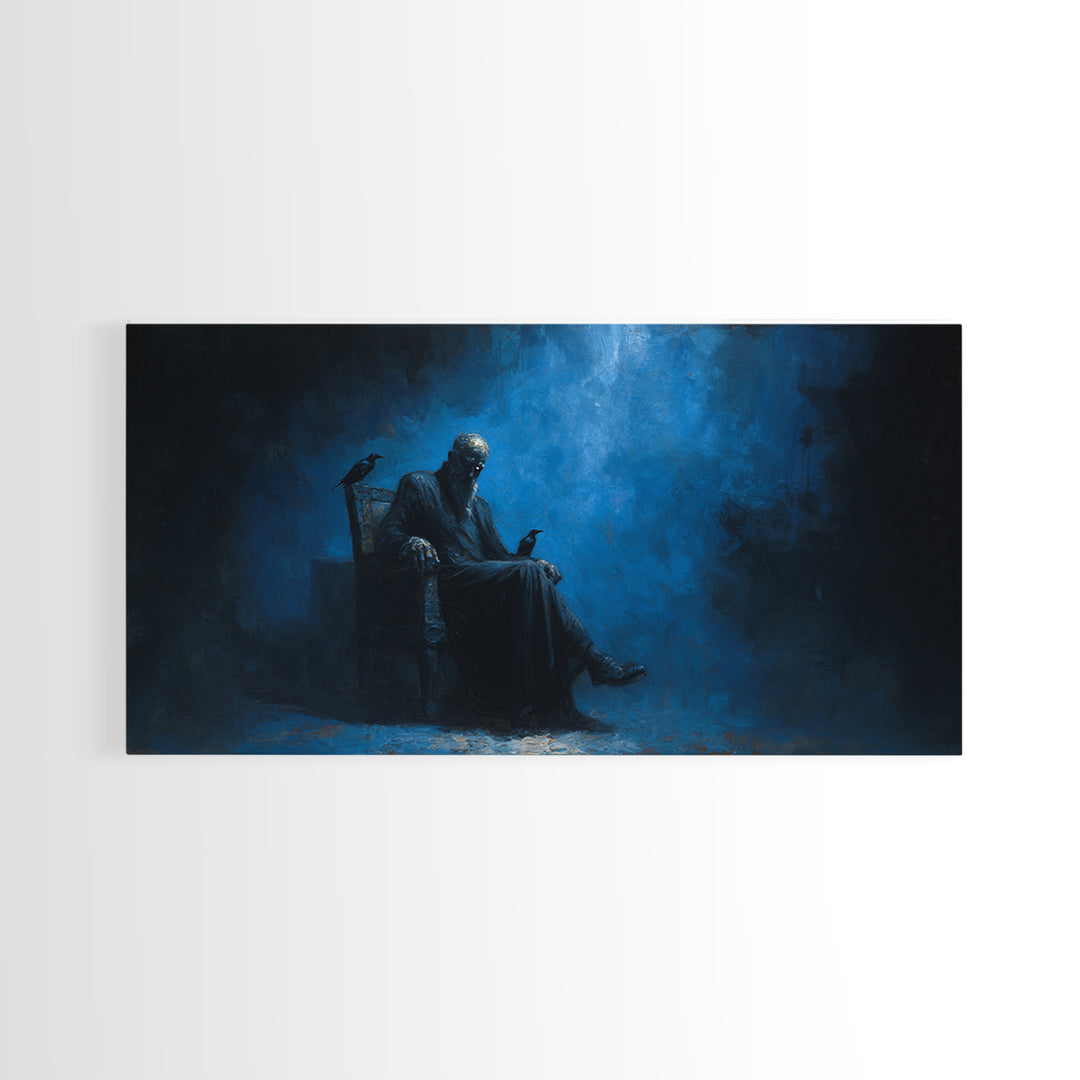 Dark Seated Figure With Raven Canvas Print Blue Gothic Portrait, Moody Wall Decor, Dark Academia Art For Living Room And Office Decor