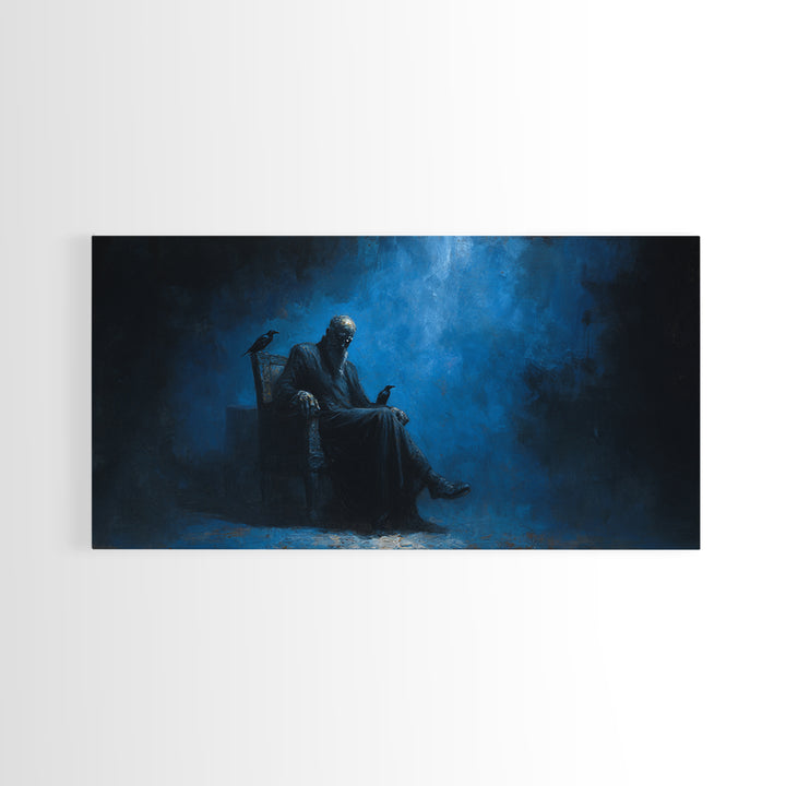 Dark Seated Figure With Raven Canvas Print Blue Gothic Portrait, Moody Wall Decor, Dark Academia Art For Living Room And Office Decor