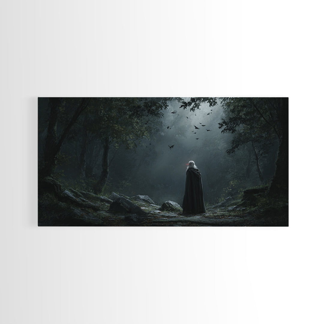 Cloaked Wanderer In Moonlit Gothic Forest Wall Art, Dark Fantasy Canvas Painting, Moody Woodland Decor Gift For Her And Witchy Home Decor