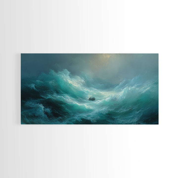 Stormy Ocean With Tiny Boat Canvas Print, Dramatic Seascape Wall Art, Moody Coastal Decor, Nautical Gift For Him, Ocean Art Print