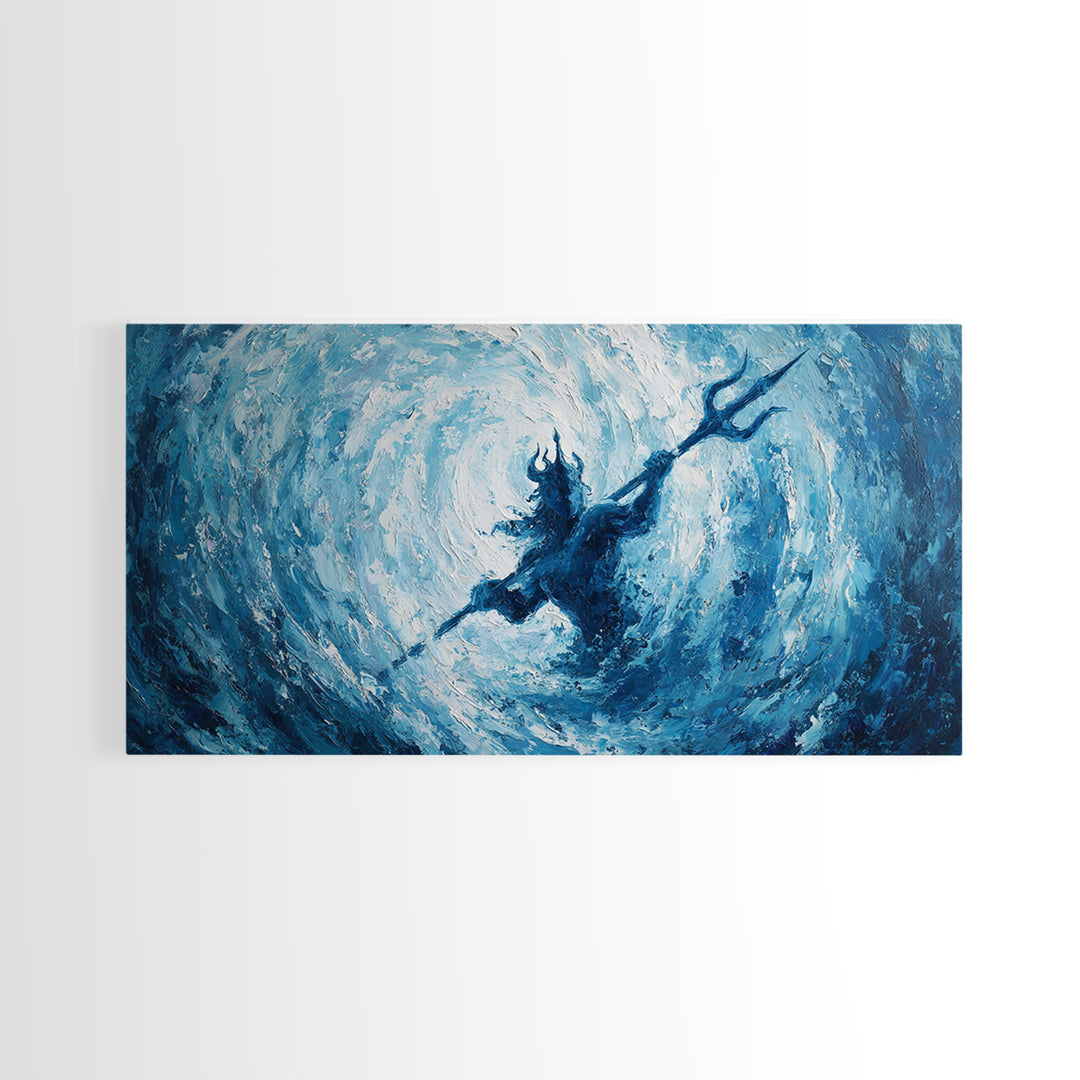 Poseidon Trident In Swirling Ocean Canvas Print Mythological Large Blue Wall Art, Fantasy Seascape For Coastal Home Decor